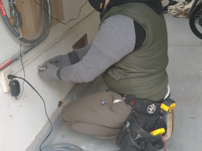 Electrician performing outlet wiring in a O'Neill garage